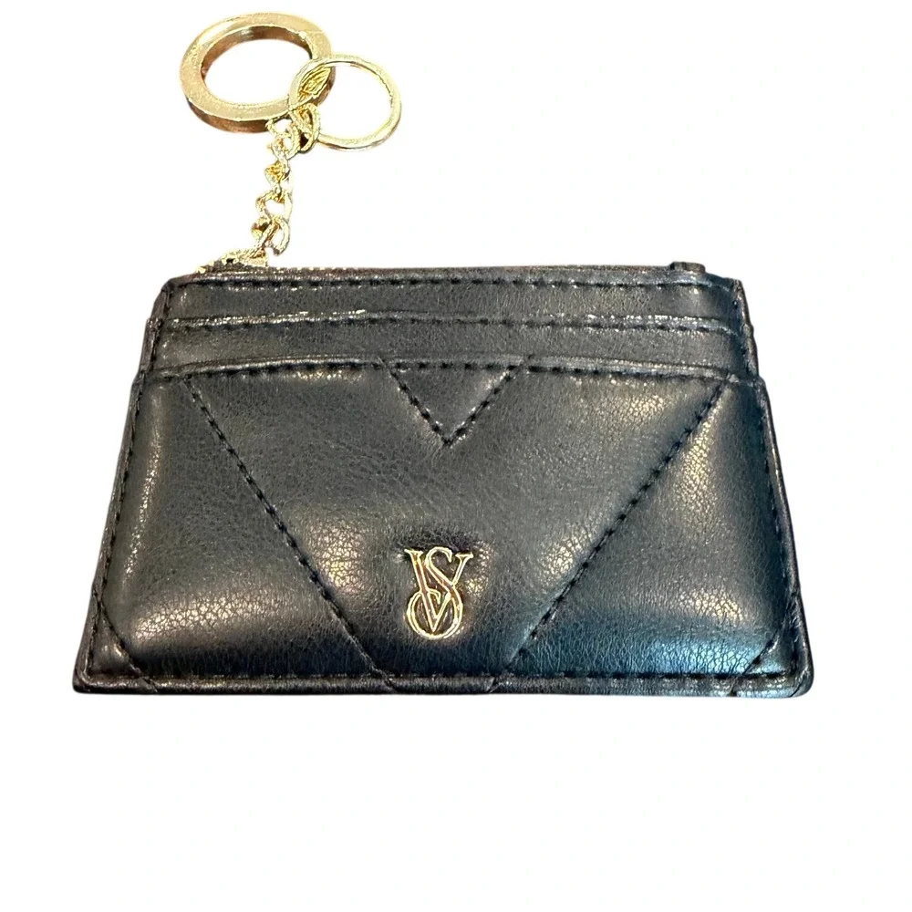 Victorias Secret Black Quilted V-Stitch Card Case Keychain Gold Hardware NWOT
